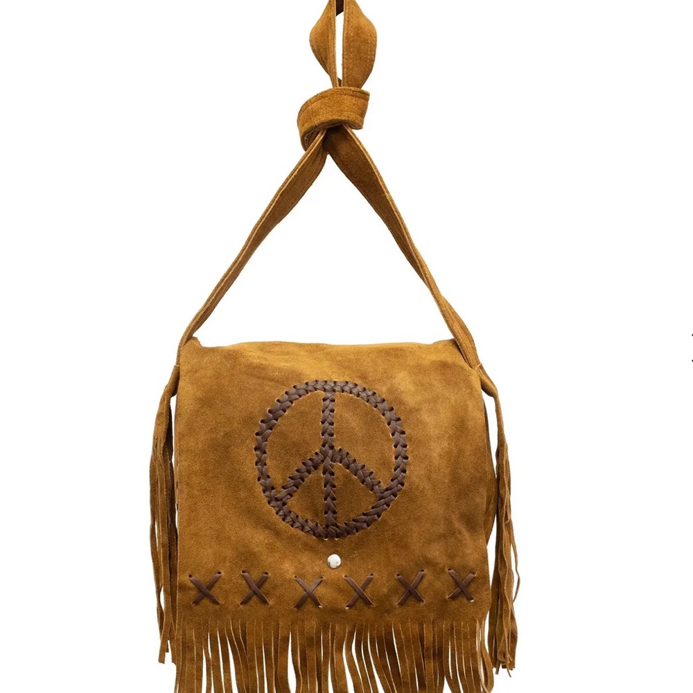 Brown Suede Fringe Crossbody Bag with Peace Sign
